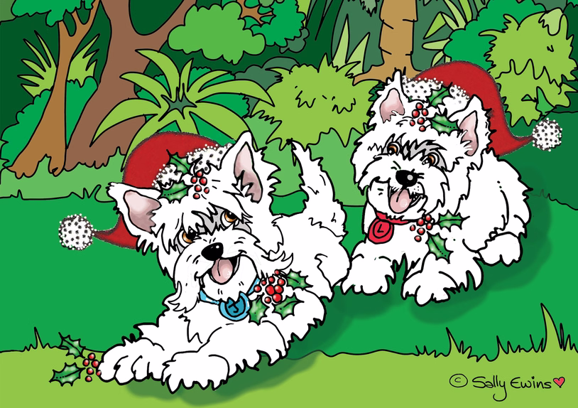 Illustrated Jock and Lassie Christmas card with small holly
