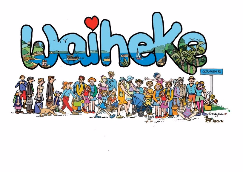 Card artwork with Waiheke scenery wording above a ferry queue