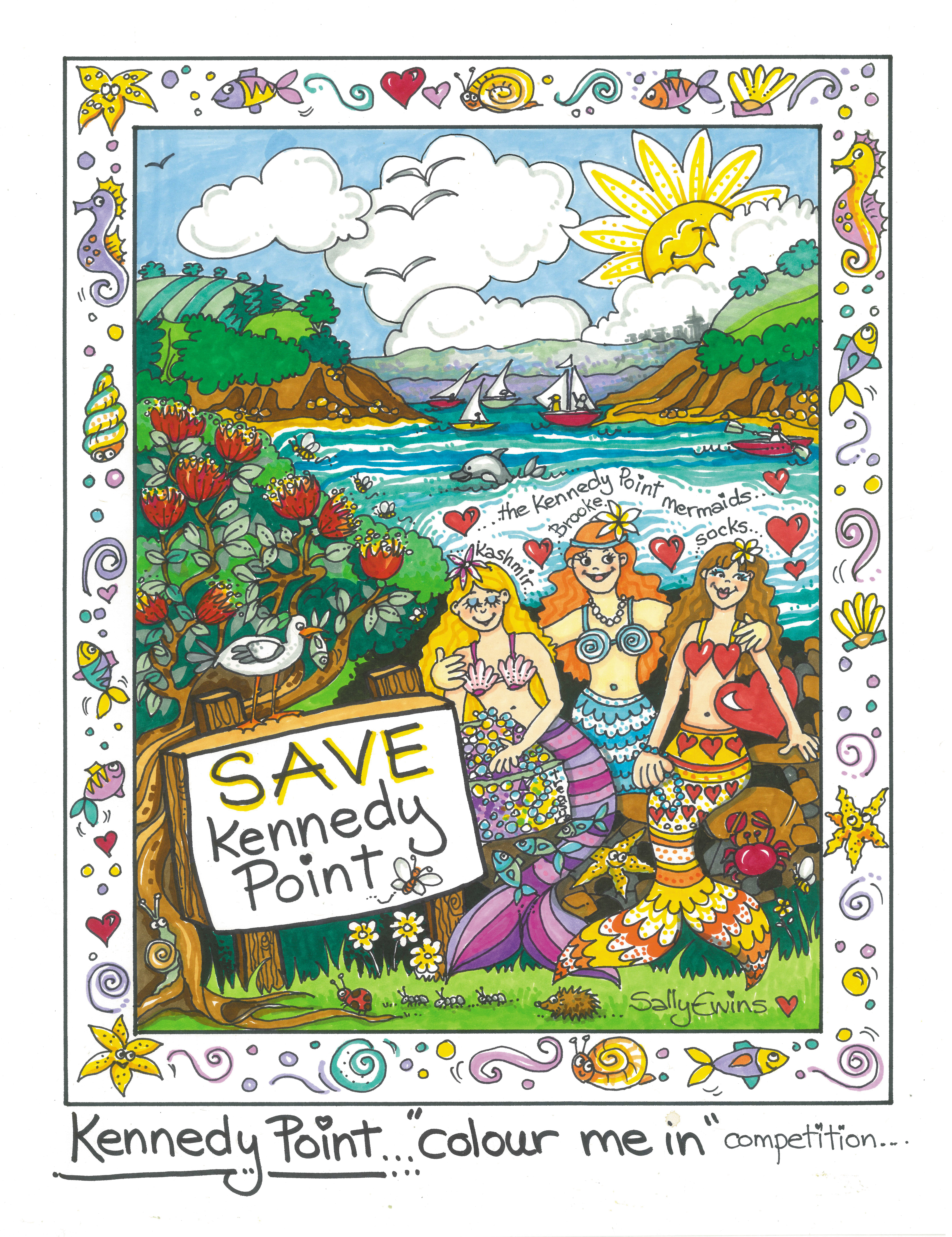 Coloured Save Kennedy Point mermaids colouring-in artwork