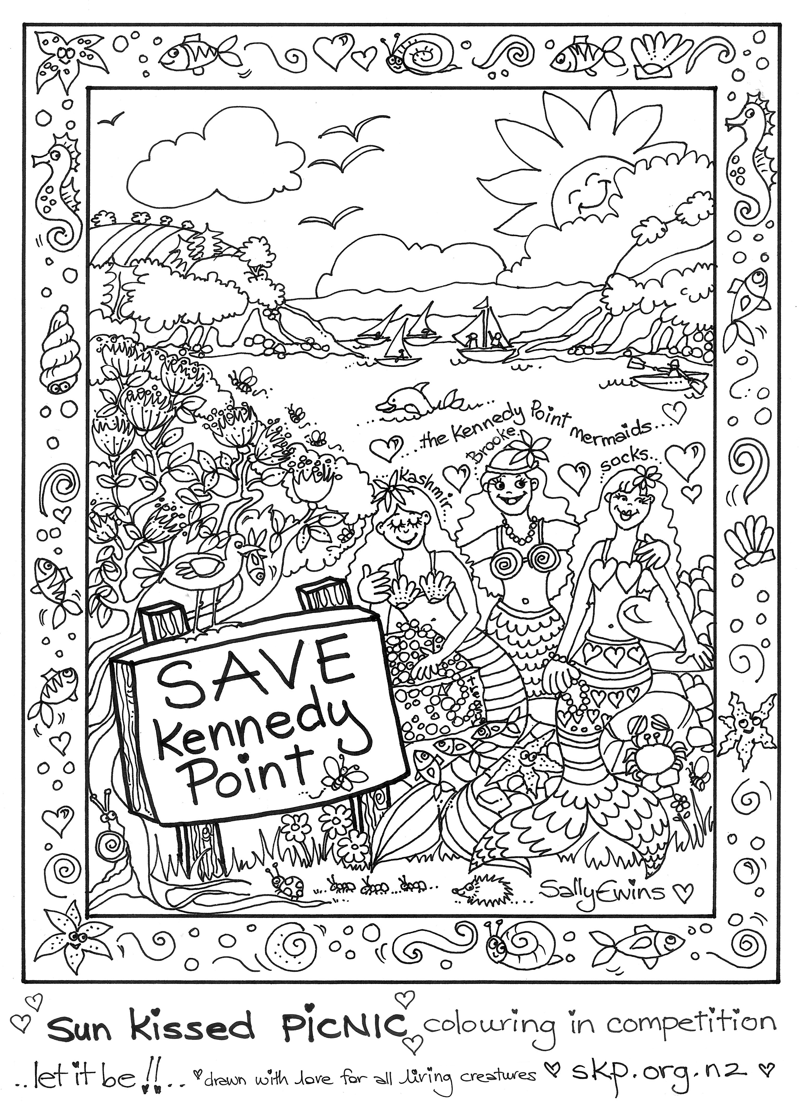 Black-and-white Save Kennedy Point mermaids colouring-in artwork