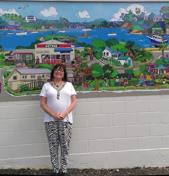 Sally Ewins in front of her Ostend artwork