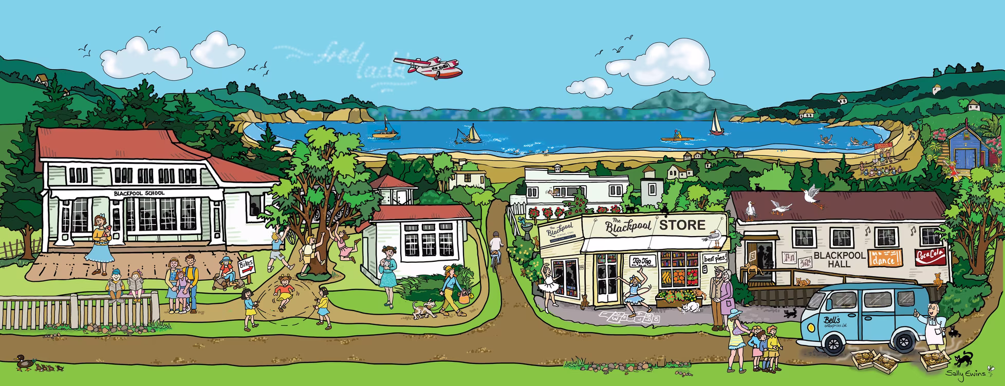 A lively illustrated view of Blackpool, Waiheke Island, with the beach, shops and local community