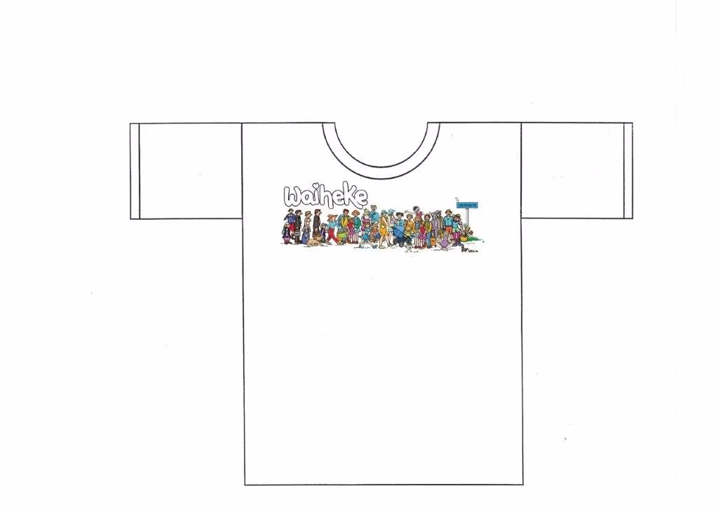 T-Shirt: Waiheke Outline people queuing with ferry