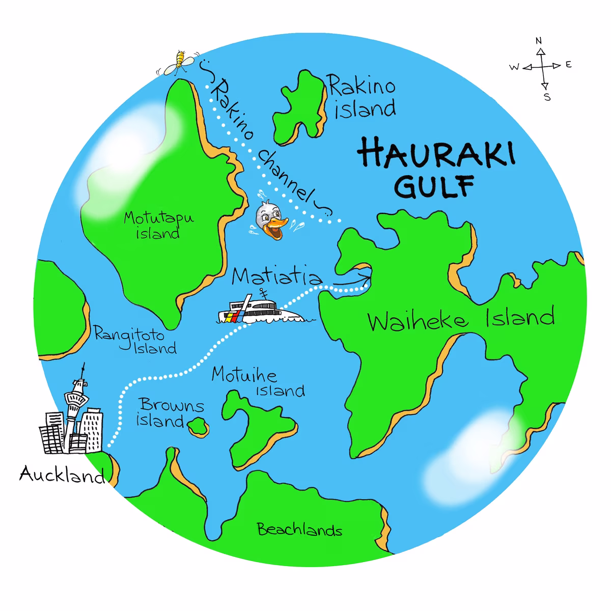 Waiheke and Rakino map illustration from the short-sighted goose